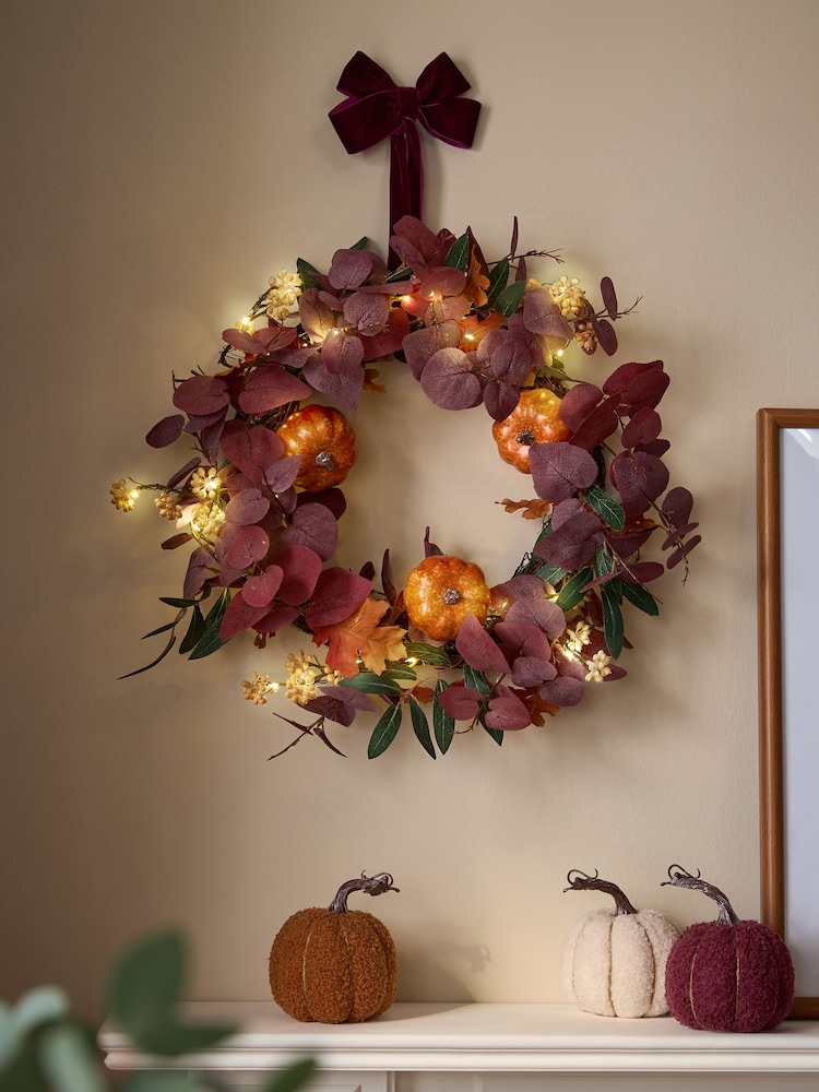 Plum Purple Light Up Autumnal Pumpkin Wreath - Image 1 of 4