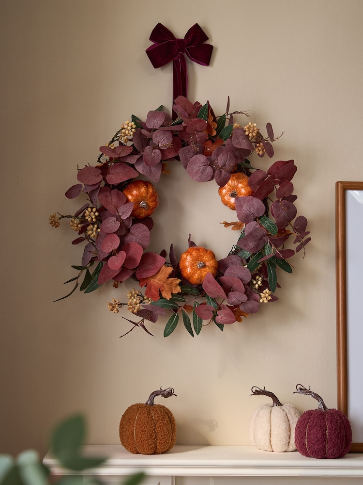 Plum Purple Light Up Autumnal Pumpkin Wreath - Image 2 of 4