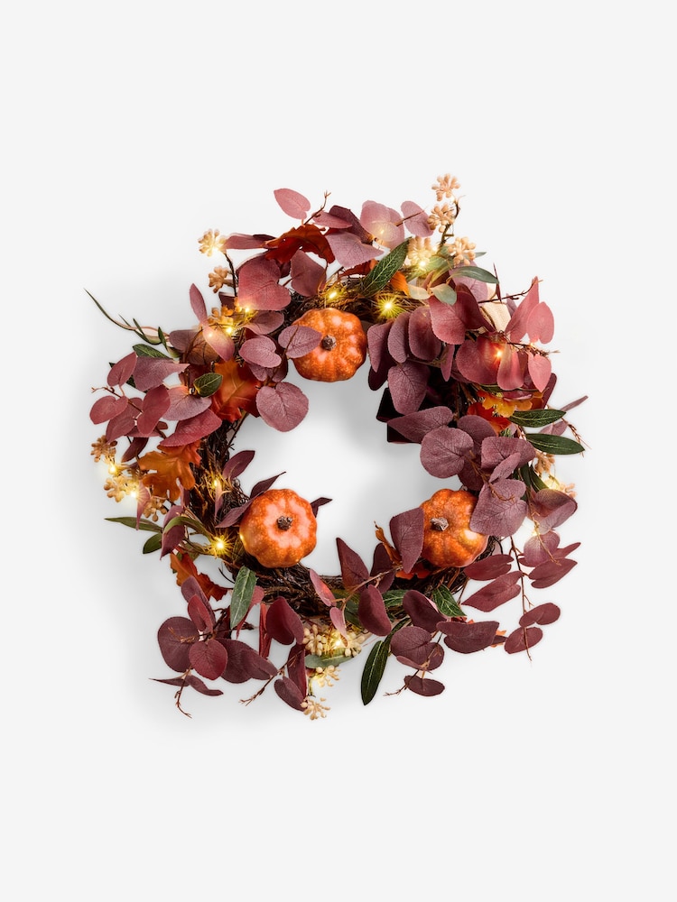 Plum Purple Light Up Autumnal Pumpkin Wreath - Image 4 of 4