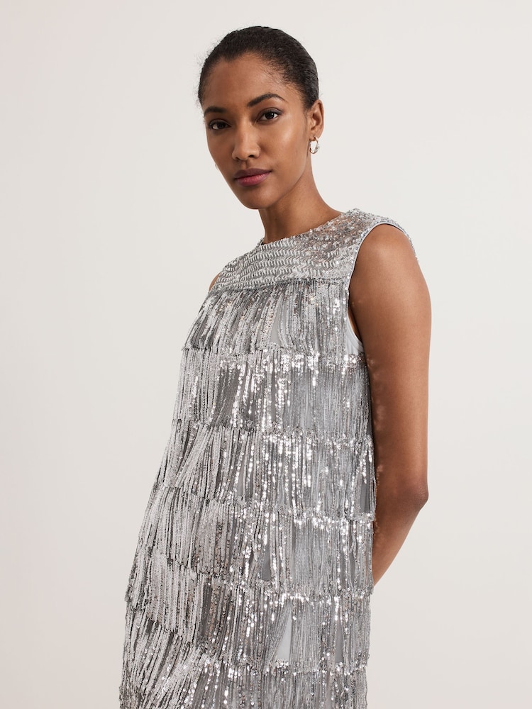 Phase Eight Silver Lula Fringe Dress - Image 5 of 7