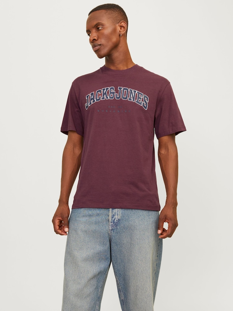 JACK & JONES Burgundy Varsity Print Logo 100% Cotton T-Shirt - Image 1 of 6