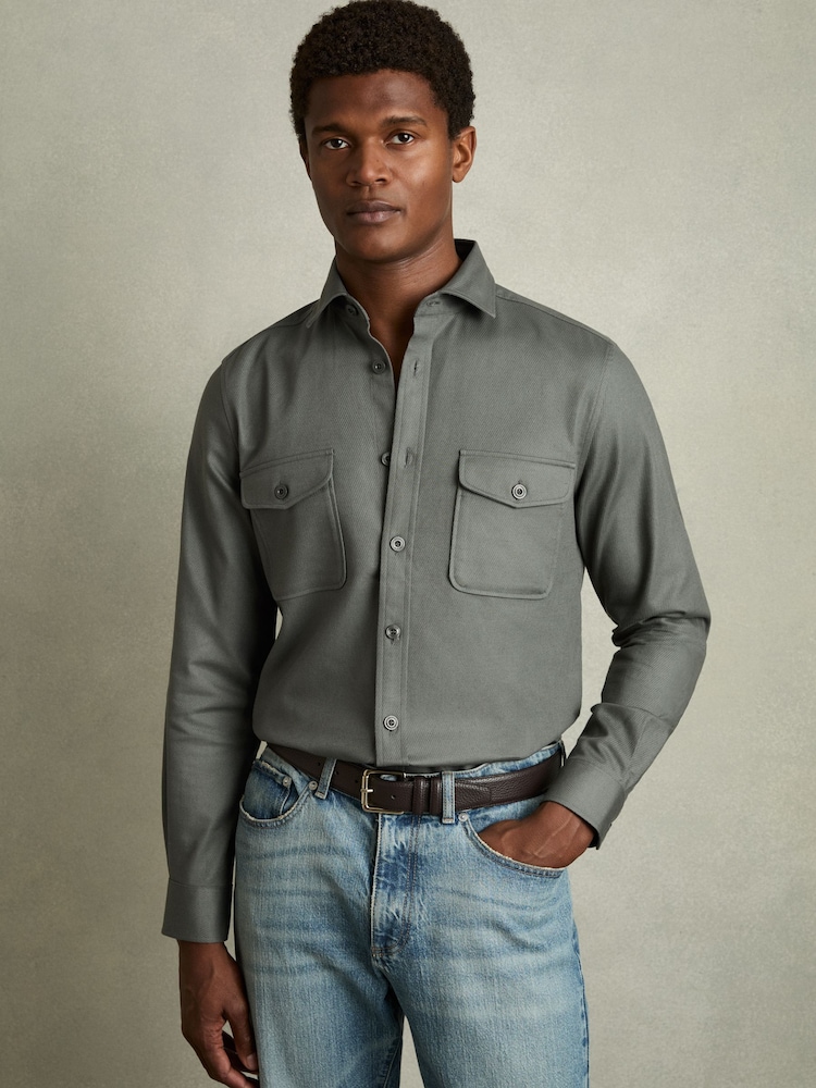 Reiss Sage Whisper Stretch-Cotton Twill Twin-Pocket Overshirt - Image 1 of 6