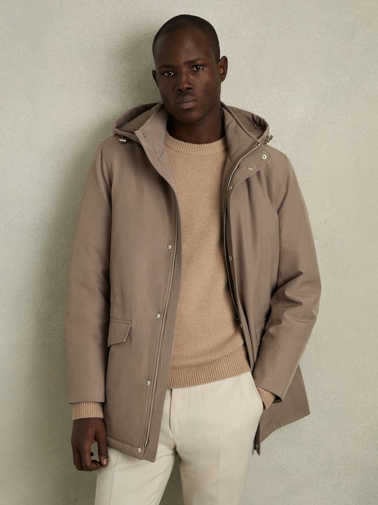 Reiss Coffee Brown Lucan Hooded Zip-Through Padded Jacket - Image 1 of 7