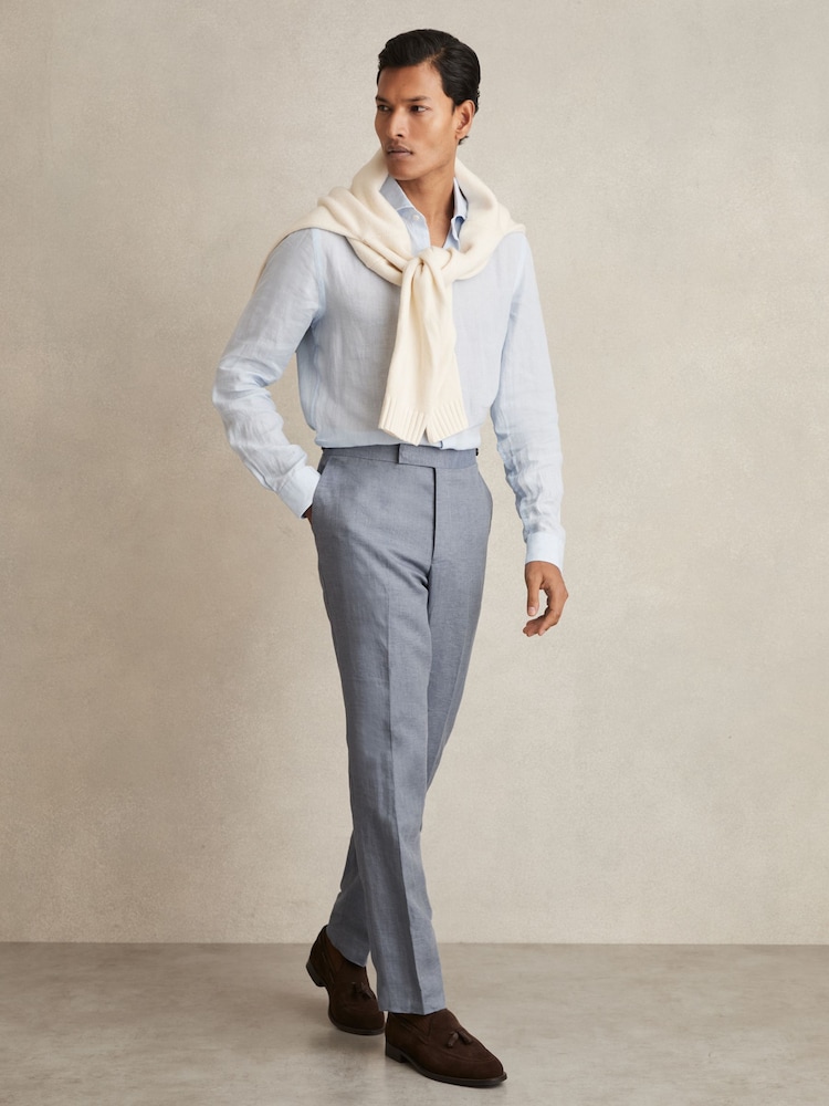 Bleu avio - Pantalon de costume Reiss Warner en lin coupe ample - Image 1 of 7