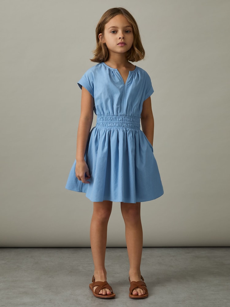 Reiss Blue Lena 13-14 yrs Cotton Cap-Sleeve Ruched Dress - Image 2 of 4