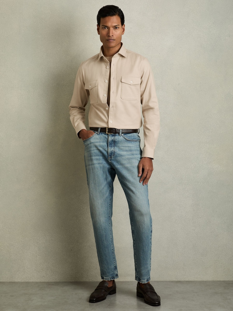 Reiss Stone Whisper Stretch-Cotton Twill Twin-Pocket Overshirt - Image 1 of 6