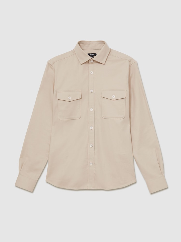 Reiss Stone Whisper Stretch-Cotton Twill Twin-Pocket Overshirt - Image 2 of 6