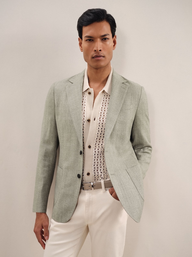 Reiss Sage Green Stack Slim-Fit Single-Breasted Wool-Blend Textured Blazer - Image 1 of 8