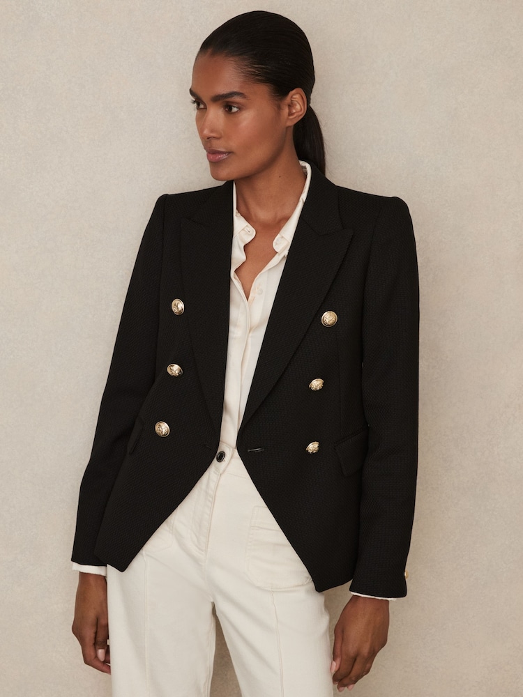 Reiss Black Tally Petite Tailored Fit Textured Double Breasted Blazer - Image 3 of 7