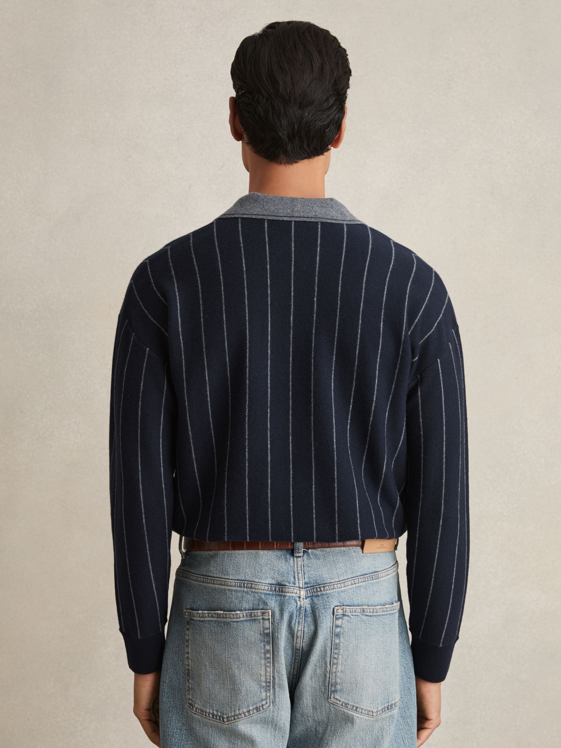 Buy Reiss Navy Winslow Wool Open-Collar Stripe Polo Shirt from