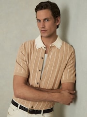 Reiss Camel Worthy Wool Striped-Knit Short-Sleeve Shirt - Image 1 of 6