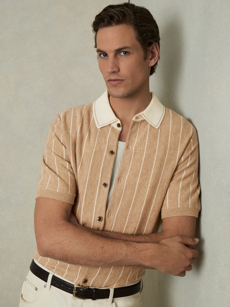Reiss Camel Worthy Wool Striped-Knit Short-Sleeve Shirt - Image 1 of 6
