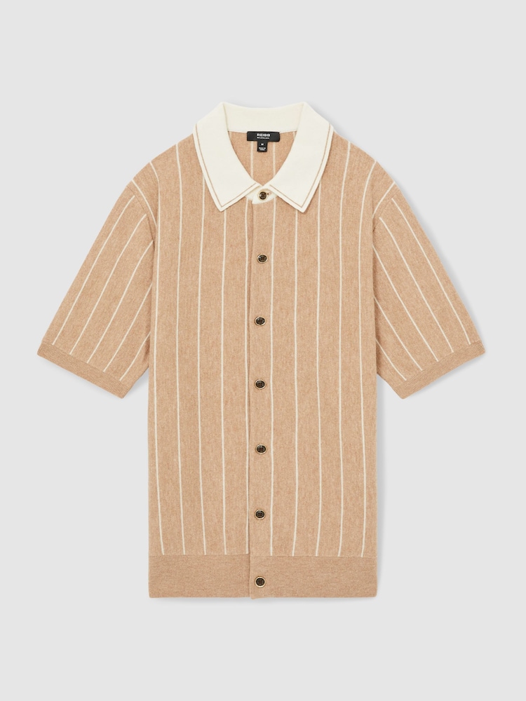 Reiss Camel Worthy Wool Striped-Knit Short-Sleeve Shirt - Image 2 of 6