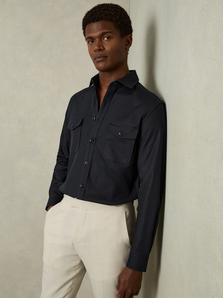 Reiss Navy Whisper Stretch-Cotton Twill Twin-Pocket Overshirt - Image 1 of 6