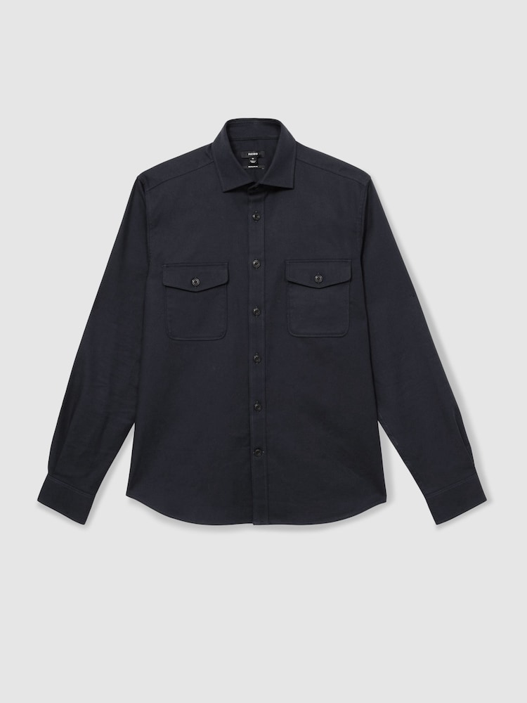 Reiss Navy Whisper Stretch-Cotton Twill Twin-Pocket Overshirt - Image 2 of 6