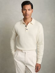 Reiss Off White Jacob Wool Blend Long Sleeve Polo Shirt - Image 1 of 6