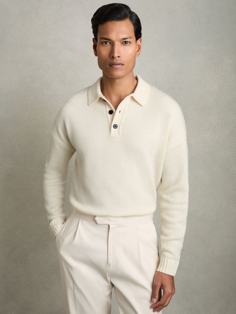 Reiss Off White Jacob Wool Blend Long Sleeve Polo Shirt - Image 1 of 6