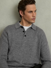 Reiss Grey Melange Jacob Wool Blend Long Sleeve Polo Shirt - Image 1 of 6