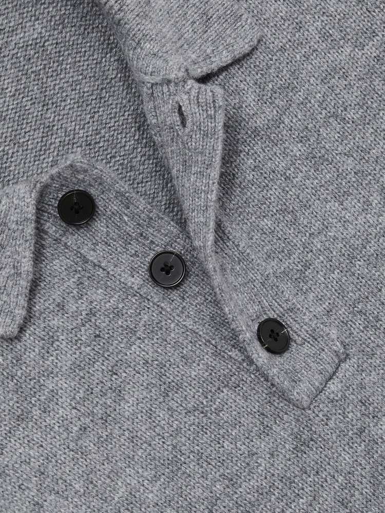 Reiss Grey Melange Jacob Wool Blend Long Sleeve Polo Shirt - Image 6 of 6