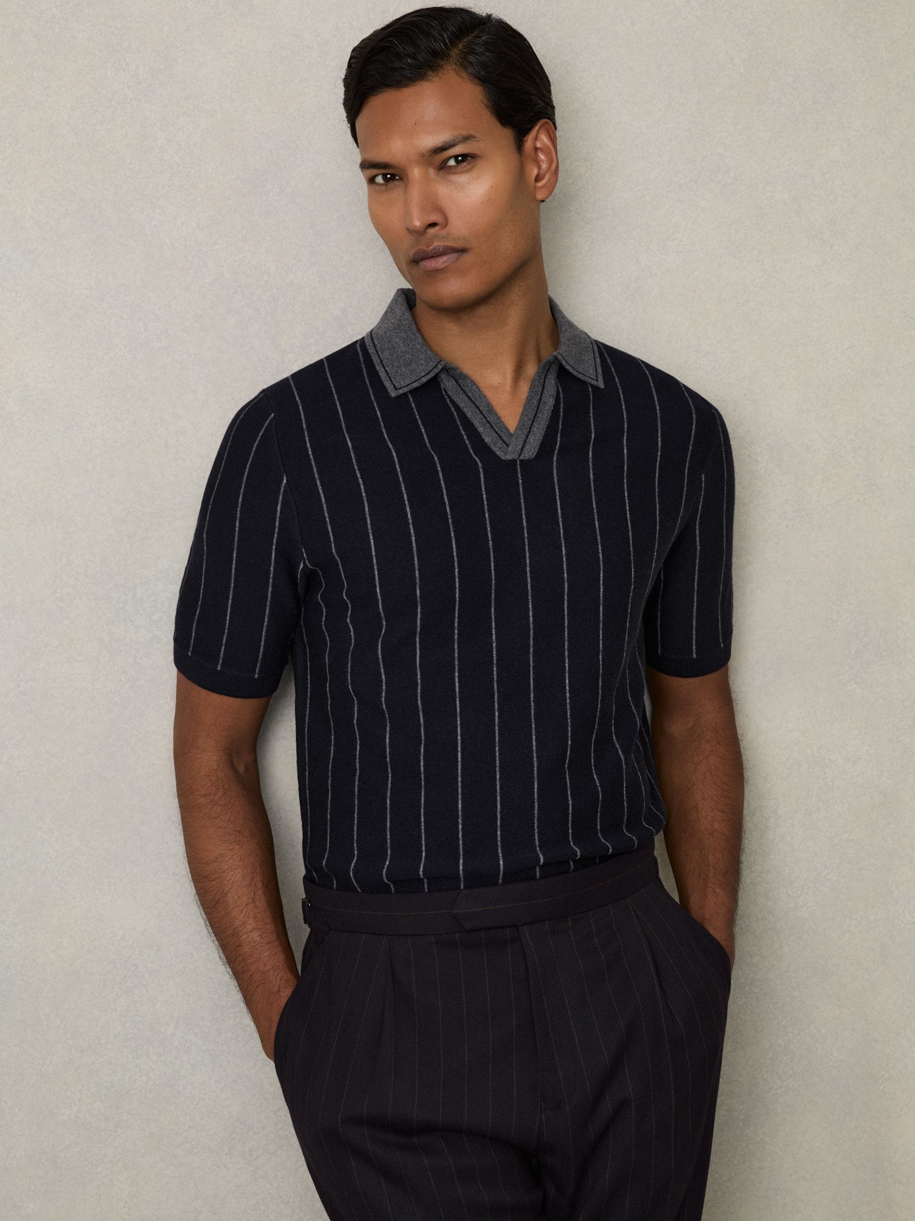 Buy Reiss Navy Huntsman Wool Open-Collar Striped Polo Shirt from