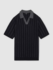 Reiss Navy Huntsman Wool Open-Collar Striped Polo Shirt - Image 2 of 6