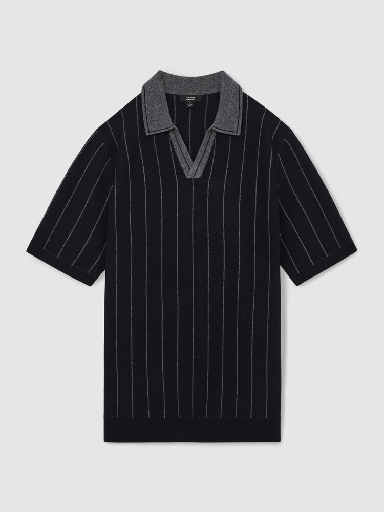 Reiss Navy Huntsman Wool Open-Collar Striped Polo Shirt - Image 2 of 6
