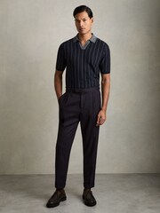 Reiss Navy Huntsman Wool Open-Collar Striped Polo Shirt - Image 3 of 6