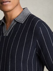 Reiss Navy Huntsman Wool Open-Collar Striped Polo Shirt - Image 4 of 6