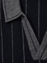 Reiss Navy Huntsman Wool Open-Collar Striped Polo Shirt - Image 6 of 6