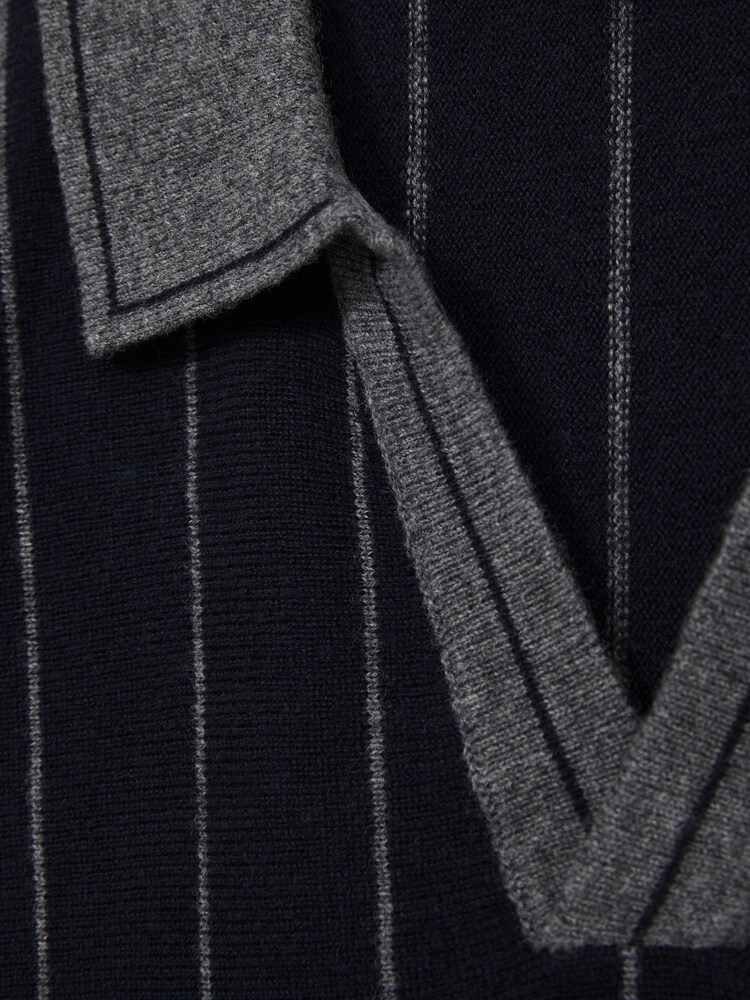 Reiss Navy Huntsman Wool Open-Collar Striped Polo Shirt - Image 6 of 6