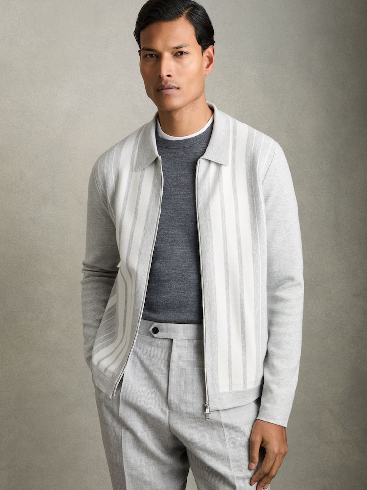 Reiss Grey Melange/White Ambient Striped Zip Through Knitted Jacket - Image 1 of 6