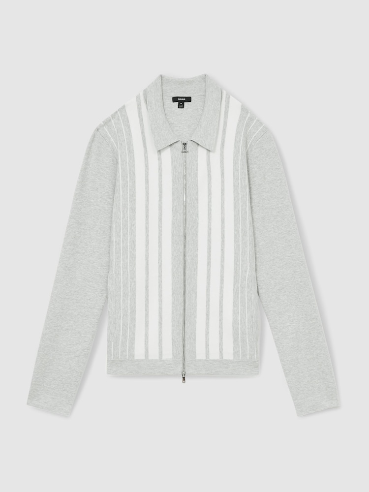 Reiss Grey Melange/White Ambient Striped Zip Through Knitted Jacket - Image 2 of 6