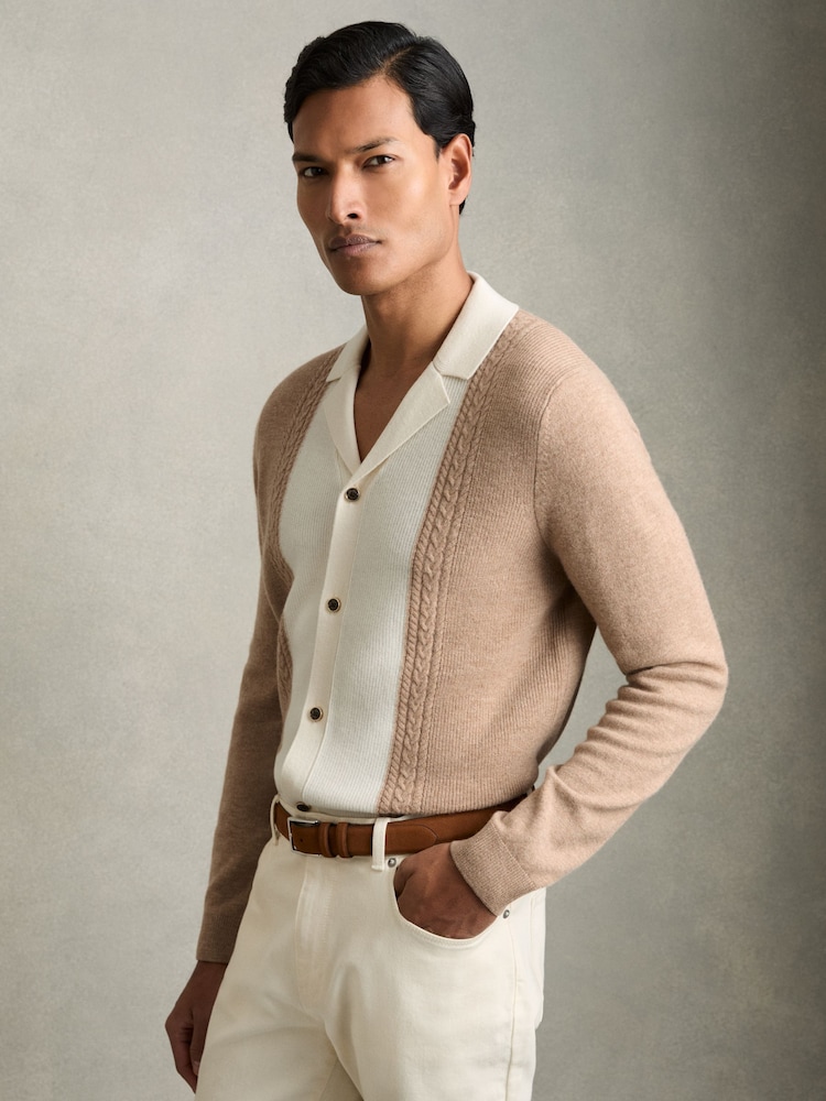 Reiss Camel Poland Wool Colourblock Knitted Shirt - Image 1 of 6 Reiss Camel Poland Wool Colourblock Knitted Shirt - Image 1 of 6