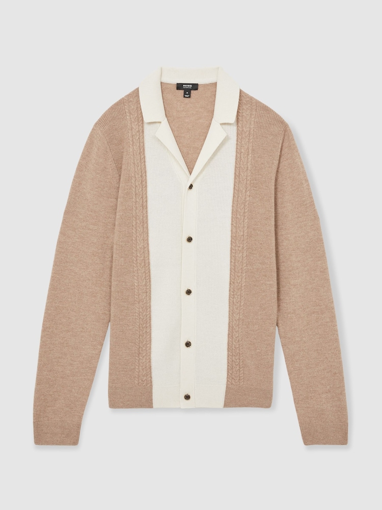 Reiss Camel Poland Wool Colourblock Knitted Shirt - Image 2 of 6