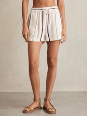 Reiss White/Brown Carlotta Stripe-Print Drawstring Shorts - Image 3 of 6