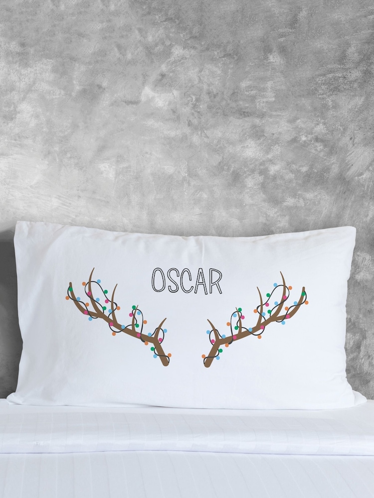 Personalised Antler 100% Cotton ChristmasPillowcase by Loveabode - Image 1 of 4 Personalised Antler 100% Cotton ChristmasPillowcase by Loveabode - Image 1 of 4