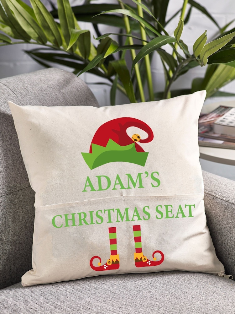 100% Cotton Personalised Elfs Christmas Pocket Cushion by Loveabode - Image 1 of 4