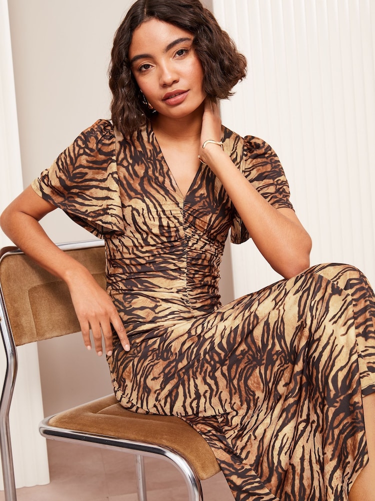 Friends Like These Brown Petite Ruched Front ITY Midi Dress - Image 2 of 5