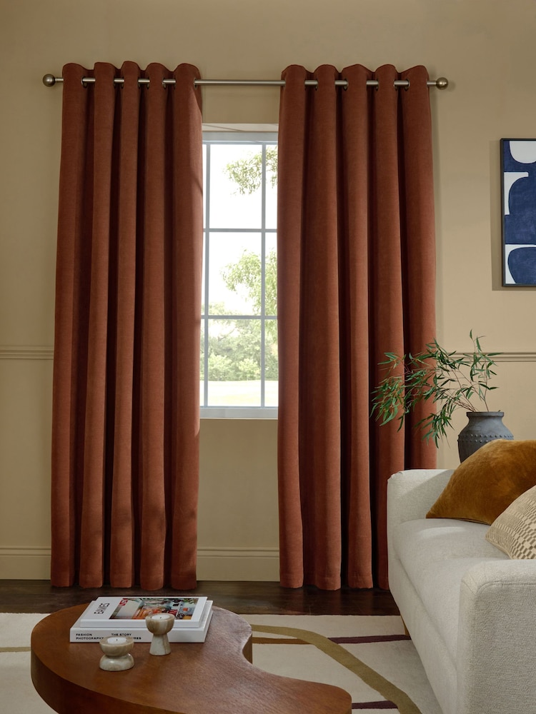 Rust Brown Textured Embossed Faux Suede Lined Eyelet Curtains - Image 1 of 6