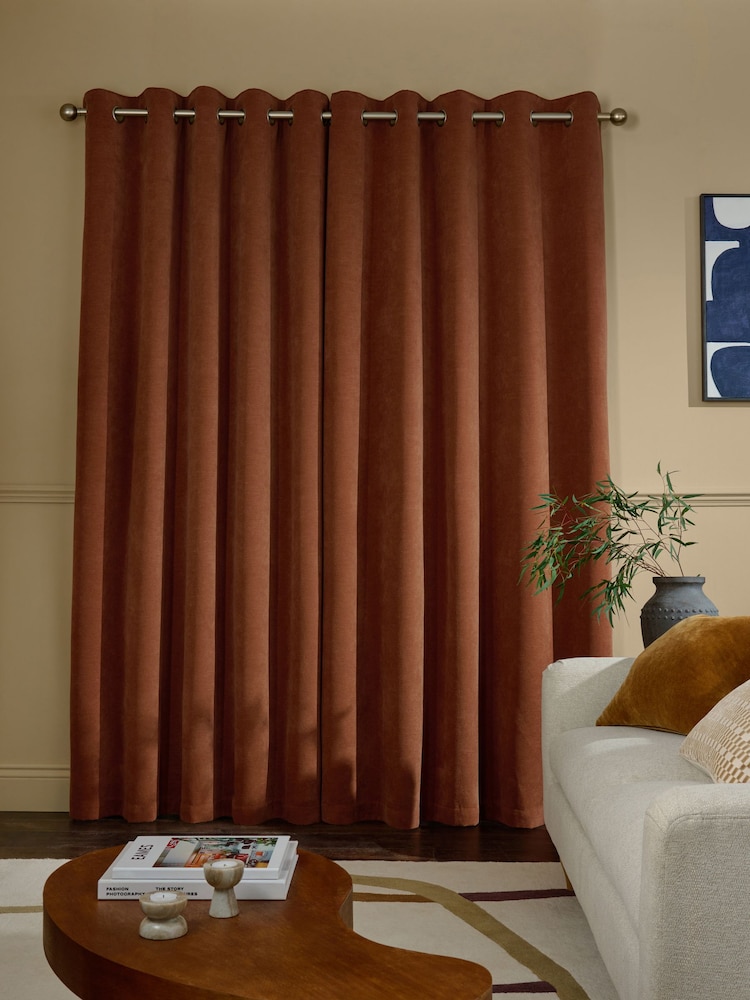 Rust Brown Textured Embossed Faux Suede Lined Eyelet Curtains - Image 2 of 6