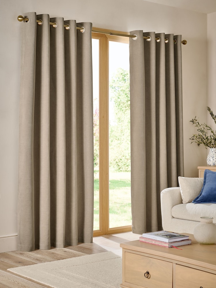 Natural Textured Embossed Faux Suede Lined Eyelet Curtains - Image 1 of 5