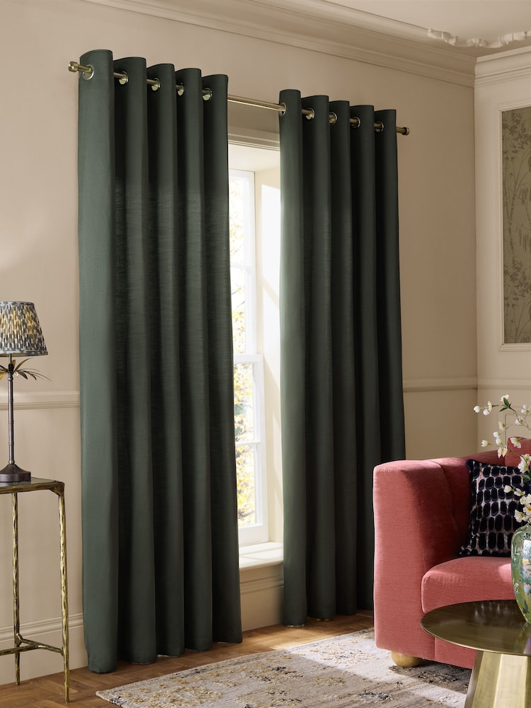 Green Faux Silk Eyelet Lined Curtains - Image 1 of 5