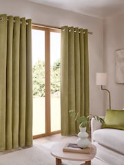 Green Textured Embossed Faux Suede Lined Eyelet Curtains - Image 1 of 5