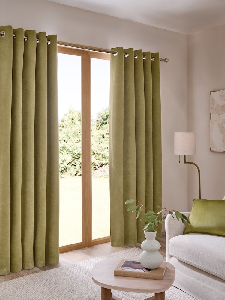 Green Textured Embossed Faux Suede Lined Eyelet Curtains - Image 1 of 5
