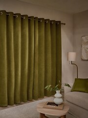 Green Textured Embossed Faux Suede Lined Eyelet Curtains - Image 2 of 5