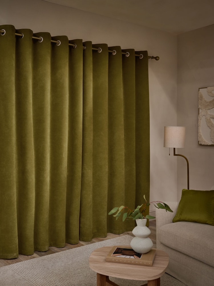 Green Textured Embossed Faux Suede Lined Eyelet Curtains - Image 2 of 5