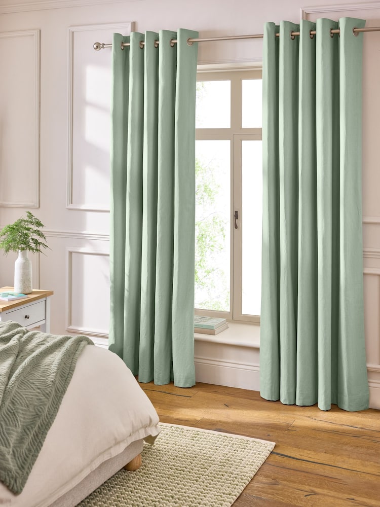Green Pale Sage Blackout/Thermal Cotton Eyelet Curtains - Image 2 of 7 Green Pale Sage Blackout/Thermal Cotton Eyelet Curtains - Image 2 of 7