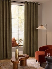 Green Olive Heavyweight Chenille Eyelet Lined Curtains - Image 1 of 5