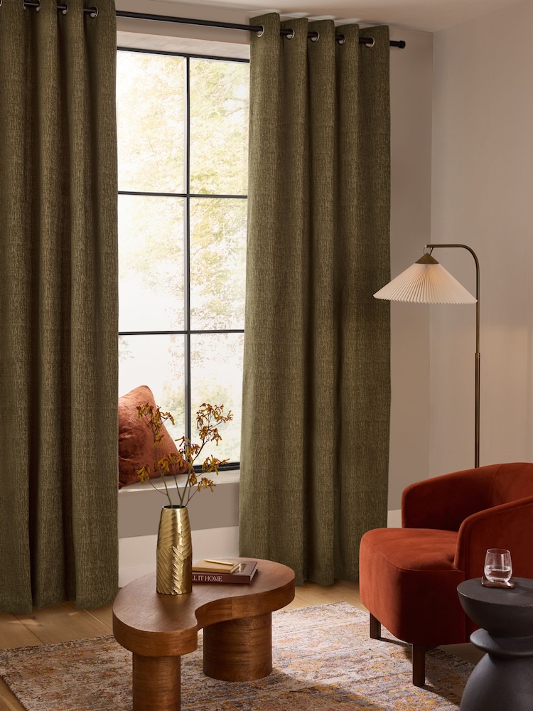 Green Olive Heavyweight Chenille Eyelet Lined Curtains - Image 1 of 5