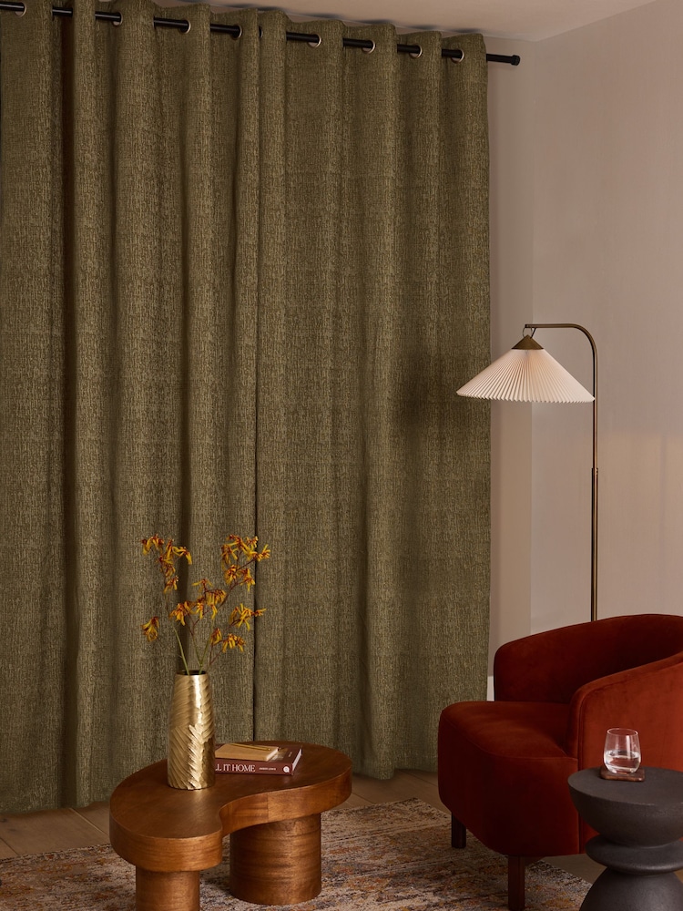 Green Olive Heavyweight Chenille Eyelet Lined Curtains - Image 2 of 5